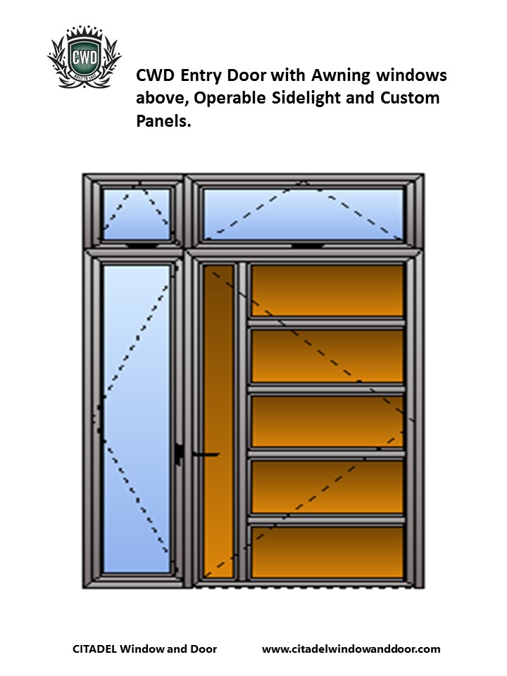 CWD Steel-Frame Entry Door with Awning Windows Above, Operable Sidelight and Custom Panels